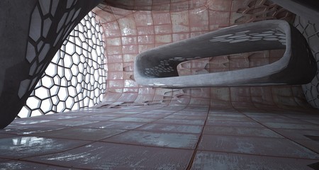 Obraz premium Empty abstract room interior of sheets rusted metal. Architectural background. 3D illustration and rendering