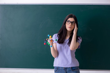 Young female teacher student in front of green board 