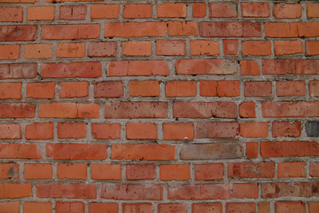 Background of brick wall texture of red brick. Cropped shot, horizontal, place for text, nobody, in the open air. Concept of construction
