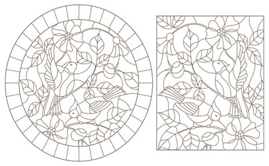 A set of contour illustrations of stained glass Windows with birds on the branches of wild rose, dark contours on a white background