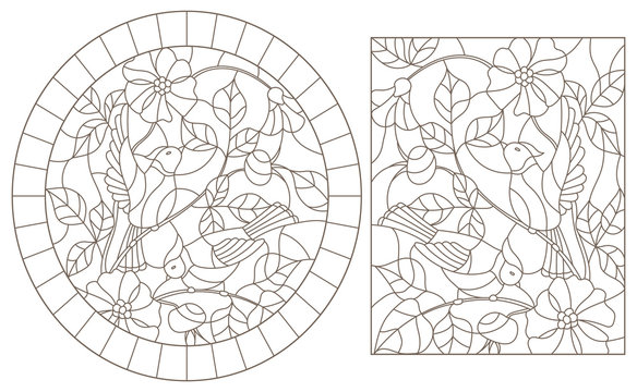A set of contour illustrations of stained glass Windows with birds on the branches of wild rose, dark contours on a white background