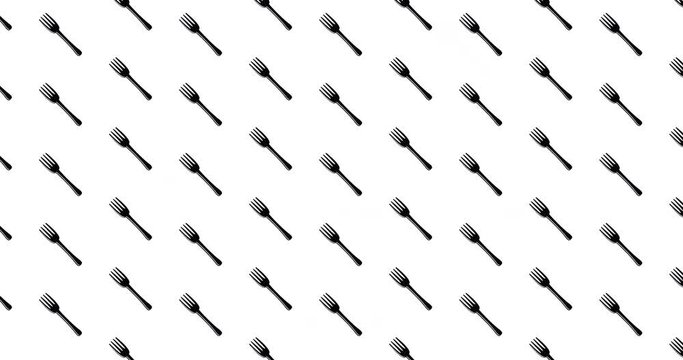 Forks background video clip motion backdrop video in a seamless repeating loop. Black and white kitchen eating food & restaurant themed fork icon pattern white background high definition clip