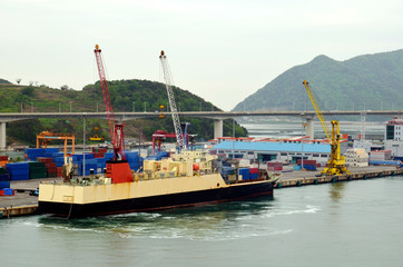 Ferry in port of Busan, South Korea.