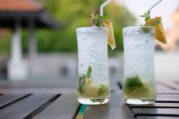 Close up summer mojito cocktail on table