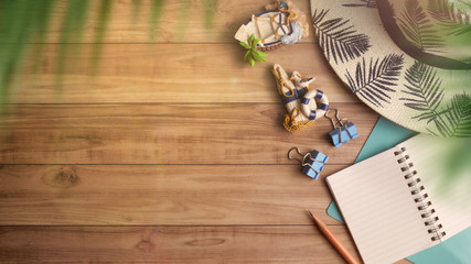 Flat lay, top view travel tourism vacation concept.Summer Holiday Banner with copyspace.