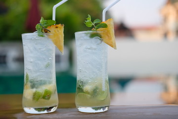 Close up summer mojito cocktail on table