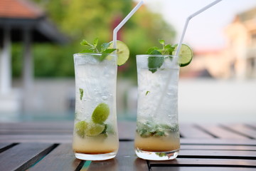 Close up summer mojito cocktail on table