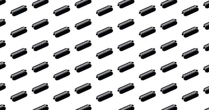 Hot dogs background video clip motion backdrop video in a seamless repeating loop.  Black and white summer BBQ & fast food hotdog icon pattern white background high definition motion video clip