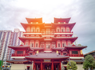 CHINATOWN, SINGAPORE - NOV 24, 2018: The Buddha Tooth Relic Temple is a Buddhist temple located in the Chinatown district of Singapore.