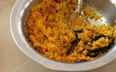 Close-up view of Indian vegetarian  food  rice mixed with tamarind paste 