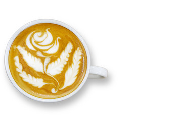 Top view of rose flower shape latte art coffee in white ceramic coffee cup isolate on white background and shadow. Make with paths.