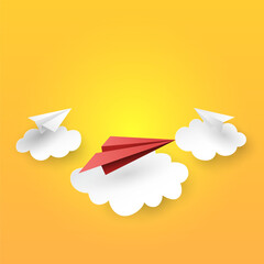 Paper airplanes flying on clouds and yellow sky background.Paper art of business leadership and teamwork concept vector illustration. - obrazy, fototapety, plakaty