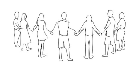 Unity, friendship continuous single line drawing. People, friends holding hands together.