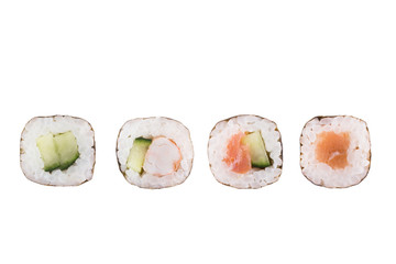 Sushi rolls isolated on white background. Collection. Close-up of delicious japanese food with sushi roll.