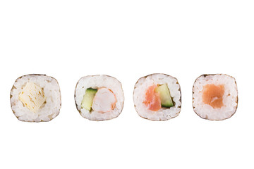 Sushi rolls isolated on white background. Collection. Close-up of delicious japanese food with sushi roll.