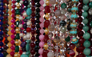 Closeup of Indian beaded Necklaces in display of a shop