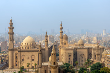 Aerial view of Cairo city from Salah Al Deen Citadel (Cairo Citadel) with Al Sultan Hassan and Al Rifai Mosques, Cairo, Egypt