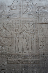 Edfu, Egypt: Detail of wall with carvings at the temple of Edfu, the largest temple dedicated to Horus and Hathor of Dendera.
