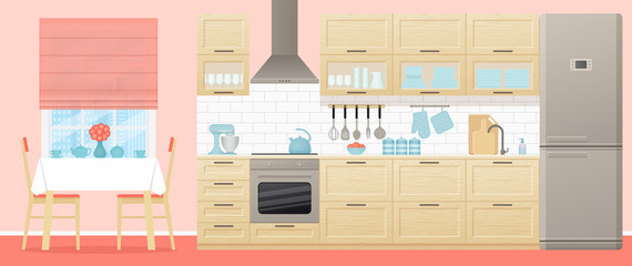 Kitchen interior. Vector. Room with appliances, furniture dining table, stove, cupboard, blender, fridge and window in flat design. Cartoon illustration. Cooking banner.