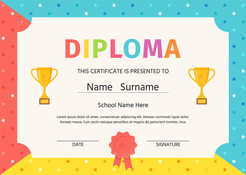 Diploma for kids. Certificate background. Vector. Winner blank with trophy cups and award ribbon. Preschool, kindergarten, school template graduation backdrop. Layout design. Cartoon illustration.