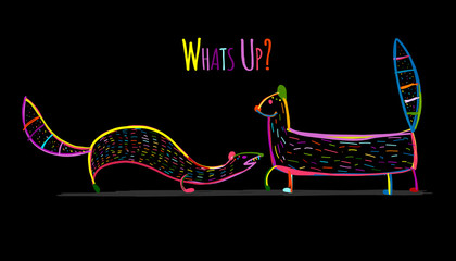 Funny mongooses colorful on black, sketch for your design