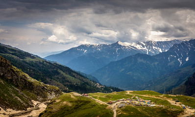 Aerial view of Mountain Village In Manali from rohtang pass, Himachal Pradesh. India