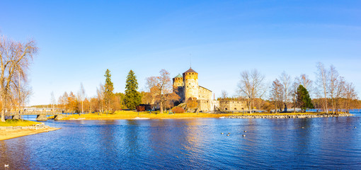 Beautiful view of Olavinlinna, Olofsborg ancient fortress, the 15th-century medieval three - tower...