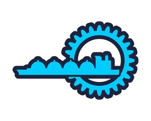 Shipping relative emblem. Nuatical cargo tank in gear icon