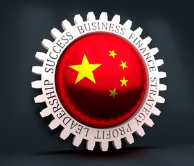 Cog wheel with China flag. Precision machinery relative backdrop. 3D rendering
