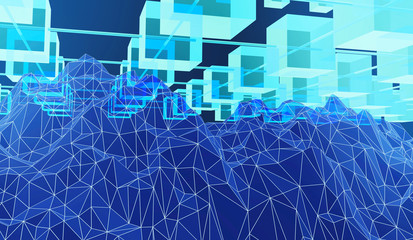 Blockchain concept 3d rendering with blue cubes and chains stands as cryptocurrency digital code chain.