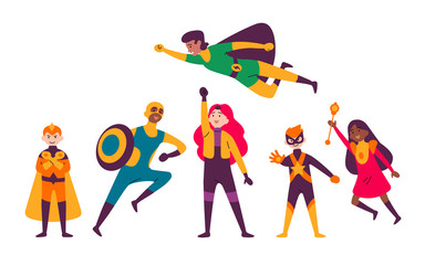 Fototapeta premium Multiracial kids wearing costumes of different superheroes.