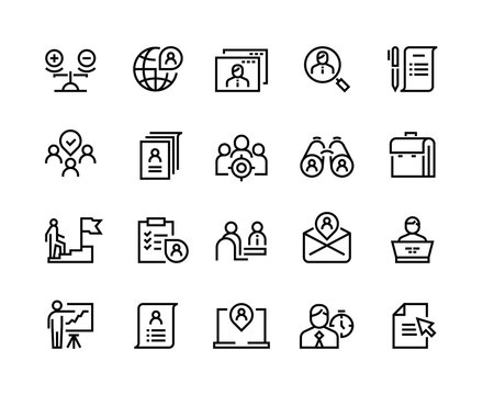 Head hunting line icons. Job interview career candidate company human resources people search. Corporate professional business team vector set