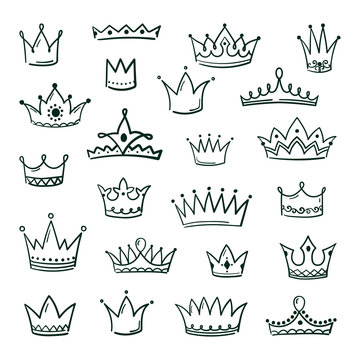 Doodle crowns. Sketch crown queen king coronet urban grunge ink art crowning vintage coronal icons majestic tiara isolated vector image set