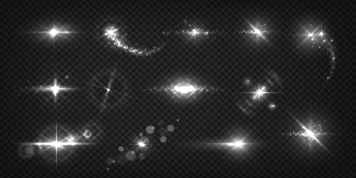 Glowing light effects. Realistic flashes and sparks, star shine and sunburst isolated transparent set. Vector shiny light white flash