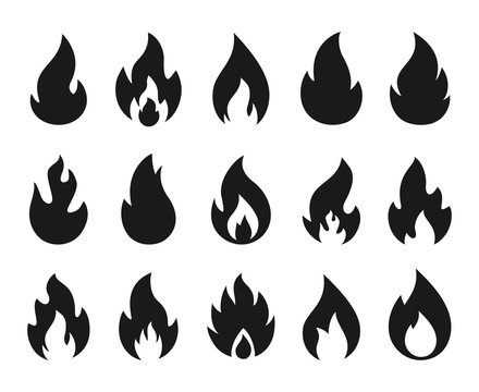 Fire icons. Burning flame silhouette logos, simple fire symbols for hot sauce and kitchen grill. Vector fire energy graphic art templates set