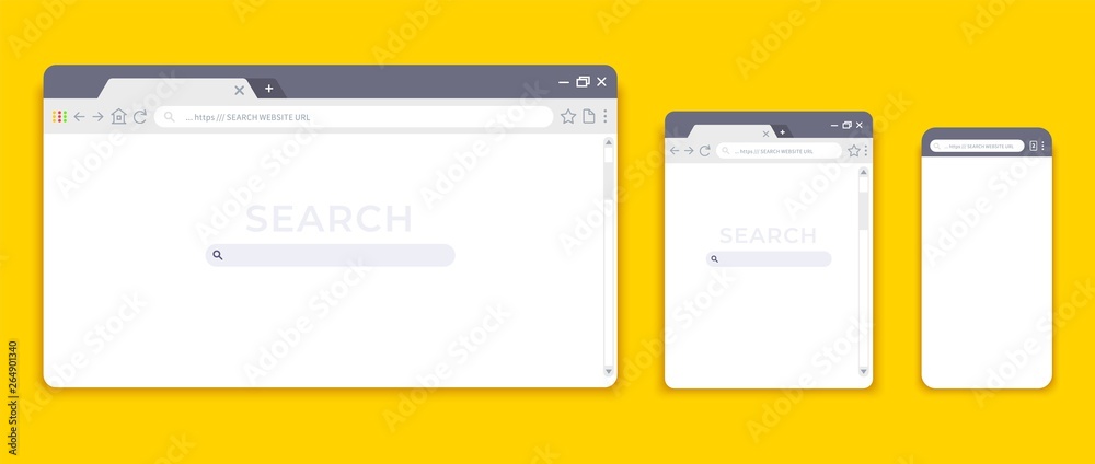 Poster Browser mockups. Website interface for different devices, empty laptop tablet and mobile internet page. Vector browser window modern design