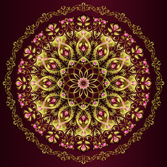 Vintage background mandala card with golden lace ornaments and art deco floral decorative elements