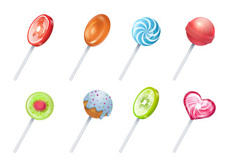 Lollipops. Sweet lolly candies, round and spiral confectionery, holiday desserts and sugar food on stick. Vector illustration sucker marshmallow set