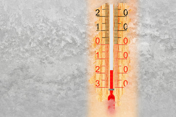 Thermometer on a frosty winter window. Outdoor temperature minus 18 degrees celsius