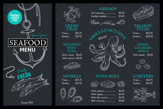Seafood sketch menu. Doodle fish restaurant brochure, vintage cover with lobster crab salmon. Vector marine food poster templates