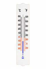 Meteorology thermometer isolated on white background. Air temperature minus 9 degrees celsius