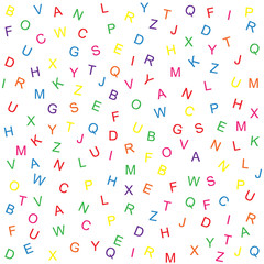 vector seamless pattern or texture of a randomly scattered capital letters, colored in simple colors