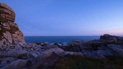 Panoramic view of the rocky Breton coast during sunrise, France, Brittany, Finistere