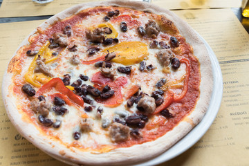 Neapolitan pizza sausage with peppers and mushrooms