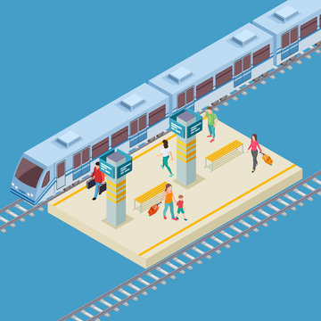 Isometric 3d city railway station vector location. Illustration of train infrastructure, passenger public transportation