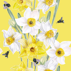 Watercolor painting seamless pattern with daffodils flowers and bumblebee. Spring background