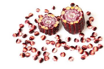 Red sweet corn isolated white background. Siam Ruby Qreen corn....