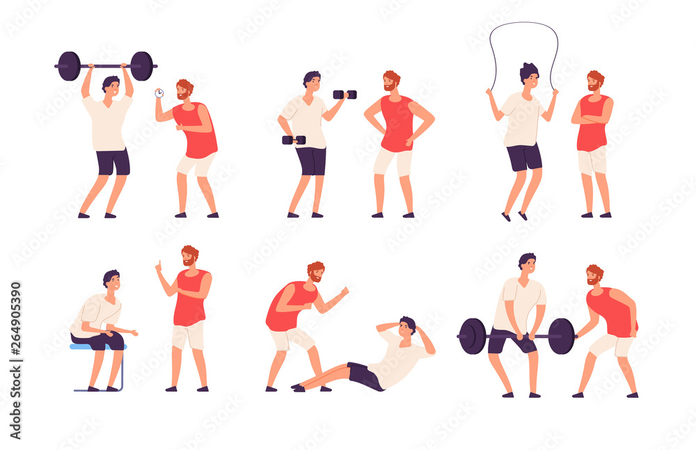 Poster fitness trainer. male personal coach helps bodybuilder guy training exercising gym isolated vector s