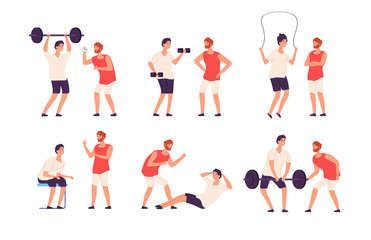 Fototapeta na wymiar Fitness trainer. Male personal coach helps bodybuilder guy training exercising gym isolated vector set. Coach gym training, trainer fitness instructor illustration