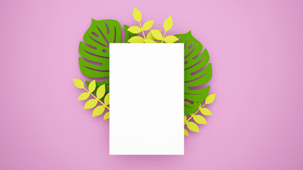 White space on philodendron leaf and purple background. Card template for artwork festival or greeting card. 3D Illustration